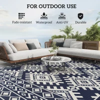 Outsunny Reversible Outdoor Rug, Waterproof Plastic Straw with Carry Bag, 9' x 12', Blue & White Rhombus Border(m-6)