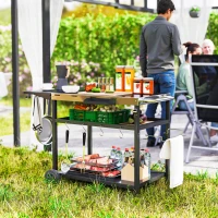 Outsunny Outdoor Bar Cart Grill Table with Stainless Steel Tabletop, Wheeled Outdoor Serving Cart Prep Table with Storage, Hooks(m-10)