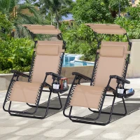 Outsunny 2 Piece Foldable Lounge Chair with Canopy Shade, Outdoor Zero Gravity Chair with Side Tray & Cup Holder, Reclining Lounger with Breathable Mesh Fabric Seat, Pillow, Beige(m-8)