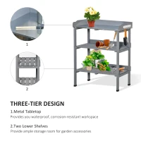 Outsunny Outdoor Garden Wooden Potting Bench Work Station Table Tool Storage Shelf w/ Hooks, Grey(m-4)