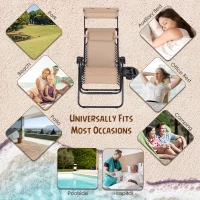 Outsunny 2 Piece Foldable Lounge Chair with Canopy Shade, Outdoor Zero Gravity Chair with Side Tray & Cup Holder, Reclining Lounger with Breathable Mesh Fabric Seat, Pillow, Beige(m-6)
