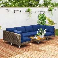 Outsunny 7 Piece Wicker Patio Furniture Set, Modular Outdoor Sectional with Thickened Cushions, Acacia Wood Table, Brown/Blue(m-9)