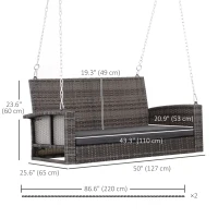 Outsunny 2-Person Patio Porch Swing Chair, Outdoor Rattan Hanging Bench with Cushion & 7.2 ft Steel Chains, Grey(m-3)