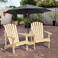 Outsunny 2 Piece Pair Wood Adirondack Chair Porch Tete-A-Tete Bench Two Seater w/ Middle Table Reclined Wooden Umbrella Hole, Natural
