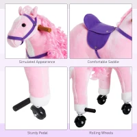 Qaba Kids Rocking Horse, Large Walking Ride on Toy for Toddlers 3 year old, Baby Plush Animal Rocker with Sound and Wheel, Pink(m-4)