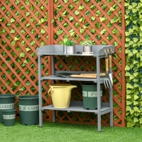 Outsunny Outdoor Garden Wooden Potting Bench Work Station Table Tool Storage Shelf w/ Hooks, Grey