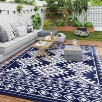 Outsunny Reversible Outdoor Rug, Waterproof Plastic Straw with Carry Bag, 9' x 12', Blue & White Rhombus Border(m-10)