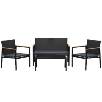 Outsunny 4 Pieces Wicker Patio Furniture Set with Cushions, Outdoor Rattan PE Rattan Conversation Set, Chairs and Loveseat with PS Board Armrests Decoration, Glass Top Table, Black(m-11)