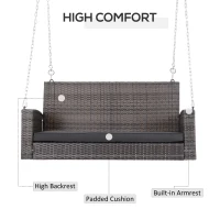Outsunny 2-Person Patio Porch Swing Chair, Outdoor Rattan Hanging Bench with Cushion & 7.2 ft Steel Chains, Grey(m-5)