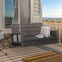 Outsunny 2-Person Patio Porch Swing Chair, Outdoor Rattan Hanging Bench with Cushion & 7.2 ft Steel Chains, Grey(m-8)