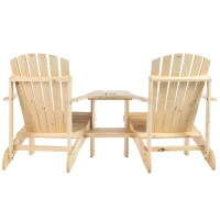 Outsunny 2 Piece Pair Wood Adirondack Chair Porch Tete-A-Tete Bench Two Seater w/ Middle Table Reclined Wooden Umbrella Hole, Natural(m-10)