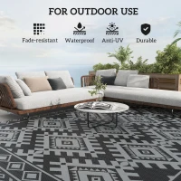 Outsunny Reversible Outdoor Rug, Waterproof Plastic Straw with Carry Bag, 9' x 18', Black & Gray Rhombus Border(m-6)