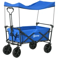 Outsunny Steel Frame Folding Garden Cart, Collapsible Wagon Cart with Removable Canopy, Telescopic Handle and Carrying Bag, Dark Blue(m-2)