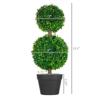 HOMCOM 2 Pcs 23.6" Artificial Boxwood Ball Topiary Tree Set of 2 Fake Plants in Pot with Double Ball-Shaped Leaves Green(m-3)
