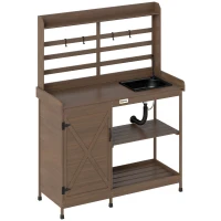 Outsunny Wooden Potting Bench with Storage, Sink, Water Tap for Backyard, Patio, Balcony, Dark Brown(m-11)