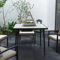 Outsunny Outdoor Dining Table for 4, Square Patio Dining Table with Marble Effect Tempered Glass Top and Steel Frame, White(m-9)