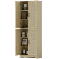 HOMCOM 67" Tall Kitchen Pantry, Freestanding Kitchen Storage Cabinet with 4 Rattan Doors and Adjustable Shelves, Oak(m-2)