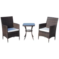 Outsunny 3 Pieces Wicker Patio Furniture Set, Rattan Bistro Set with Glass Top Coffee Table and Cushions, Outdoor Conversation Set for Garden, Porch, Balcony, Coffee(m-11)