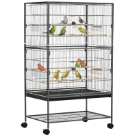 PawHut 52'' Large Rolling Steel Bird Cage Bird House with Rolling Stand, Storage Shelf, Wood Perch, Food Container, Dark Grey(m-2)