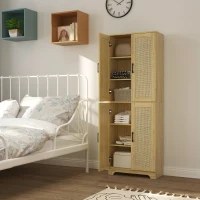 HOMCOM 67" Tall Kitchen Pantry, Freestanding Kitchen Storage Cabinet with 4 Rattan Doors and Adjustable Shelves, Oak(m-10)