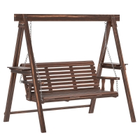 Outsunny 3 Seat Wooden Porch Swing with Stand, Patio Swing with Side Tables, for Garden, Poolside, Backyard, Carbonized Brown