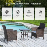 Outsunny 3 Pieces Wicker Patio Furniture Set, Rattan Bistro Set with Glass Top Coffee Table and Cushions, Outdoor Conversation Set for Garden, Porch, Balcony, Coffee(m-4)