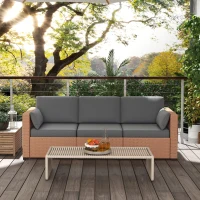 Outsunny Patio Couch PE Wicker Deep Seating Outdoor Sofa with Removable Cushions, 3 Seater Rattan Sofa, Outdoor Furniture for Balcony, Deck, Garden and Poolside, Sand(m-7)