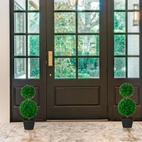HOMCOM 2 Pcs 23.6" Artificial Boxwood Ball Topiary Tree Set of 2 Fake Plants in Pot with Double Ball-Shaped Leaves Green(m-10)