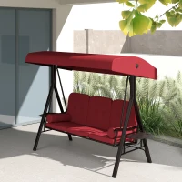 Outsunny Outdoor Patio 3-Person Steel Canopy Cushioned Seat Bench Swing with Included Side Trays & Padded Comfort, Wine Red(m-9)