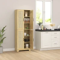 HOMCOM 67" Tall Kitchen Pantry, Freestanding Kitchen Storage Cabinet with 4 Rattan Doors and Adjustable Shelves, Oak(m-8)