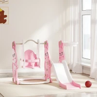 Qaba 4 in 1 Toddler Slide and Swing Set with Climber, Basketball Hoop, Rabbit Themed Kids Playset for Ages 1.5-4, Pink(m-10)