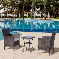 Outsunny 3 Pieces Wicker Patio Furniture Set, Rattan Bistro Set with Glass Top Coffee Table and Cushions, Outdoor Conversation Set for Garden, Porch, Balcony, Coffee(m-1)
