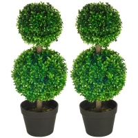 HOMCOM 2 Pcs 23.6" Artificial Boxwood Ball Topiary Tree Set of 2 Fake Plants in Pot with Double Ball-Shaped Leaves Green