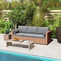 Outsunny Patio Couch PE Wicker Deep Seating Outdoor Sofa with Removable Cushions, 3 Seater Rattan Sofa, Outdoor Furniture for Balcony, Deck, Garden and Poolside, Sand(m-10)