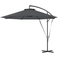 Outsunny 9.5' Cantilever Umbrella with Wind Protection Strap and Cover, Hanging Umbrella with Crank and Cross Base, UPF 50+, Grey(m-2)