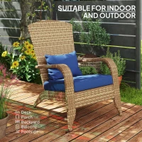 Outsunny Patio Adirondack Chair with Rattan Wicker, Soft Cushions, Tall Curved Backrest for Deck or Garden, Dark Blue(m-7)
