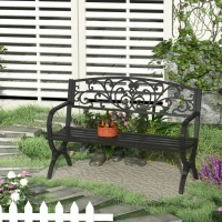 Outsunny 50" 2-Seater Garden Bench, Patio Porch Decorative Chair Cast Iron Loveseat Outdoor Furniture for Yard, Lawn, Porch, Black(m-10)