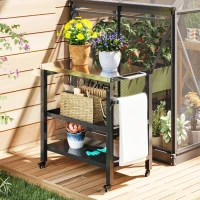 Outsunny Outdoor Kitchen Bar Cart BBQ Table with Wheels, Stainless Steel Pizza Oven Stand, Movable Prep Table with Hooks(m-10)