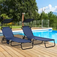 Outsunny Folding Chaise Lounge Pool Lounge Chairs Set of 2, Outdoor Sun Tanning Chairs with Canopy Shade, Reclining Back, Steel Frame and Side Pocket for Beach, Yard, Patio, Dark Blue(m-10)