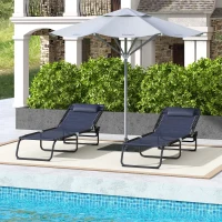 Outsunny 2 Folding Chaise Lounge Pool Chairs with 4-Position Reclining Back, Pillow, Breathable Mesh & Bungee Seat, Dark Blue(m-10)