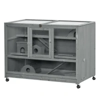 PawHut Wooden 3-Tier Hamster Cage Hutch Box with Ladder Wheels for Small Animals, Dark Gray(m-11)