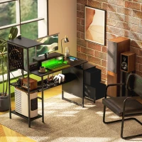 HOMCOM 56" Computer Desk with Storage, Computer Table with Power Outlets and LED Lights, Black(m-10)