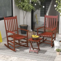 Outsunny Outdoor Rocking Chair Set of 2 with Side Table, Patio Wooden Rocking Chair with Smooth Armrests, High Back for Garden, Balcony, Porch, Supports Up to 352 lbs. , Wine Red(m-10)