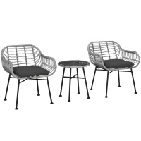 Outsunny 3 Piece Patio Set, Outdoor Bistro Furniture, PE Rattan Wicker Table and Chairs, Cushioned, Gray(m-11)