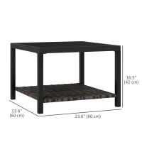 Outsunny 23.6" Rattan End Table, Outdoor Coffee Table with Tempered Glass Top, Storage Shelf for Patio, Garden, Balcony, Black(m-3)