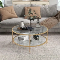 HOMCOM Side Table with Storage, 36" Round End Table, 2-Tier Tempered Glass Coffee Table with Steel Frame for Living Room, Gold(m-9)