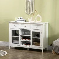 HOMCOM Coffee Bar Cabinet with 3 Drawers, 6-Bottle Wine Rack, Stemware Racks, Glass Door, Sideboard Buffet Cabinet, Wine Cabinet, White(m-10)