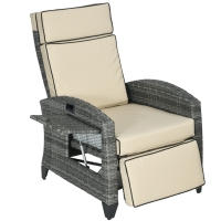 Outsunny Outdoor Recliner Chair with Cushions, Reclining Patio Lounge Chair with Adjustable Footrest, Armrests, Tray Table, Khaki