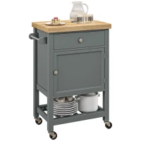 HOMCOM Kitchen Island on Wheels, Rolling Kitchen Cart with Rubberwood Top, Drawer, Wine Rack and Cabinet, Gray(m-11)