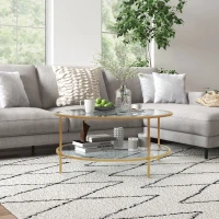 HOMCOM Side Table with Storage, 36" Round End Table, 2-Tier Tempered Glass Coffee Table with Steel Frame for Living Room, Gold(m-8)